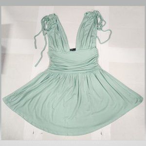 Plunging Neck Shirred Waist Sleeveless A-line Dress